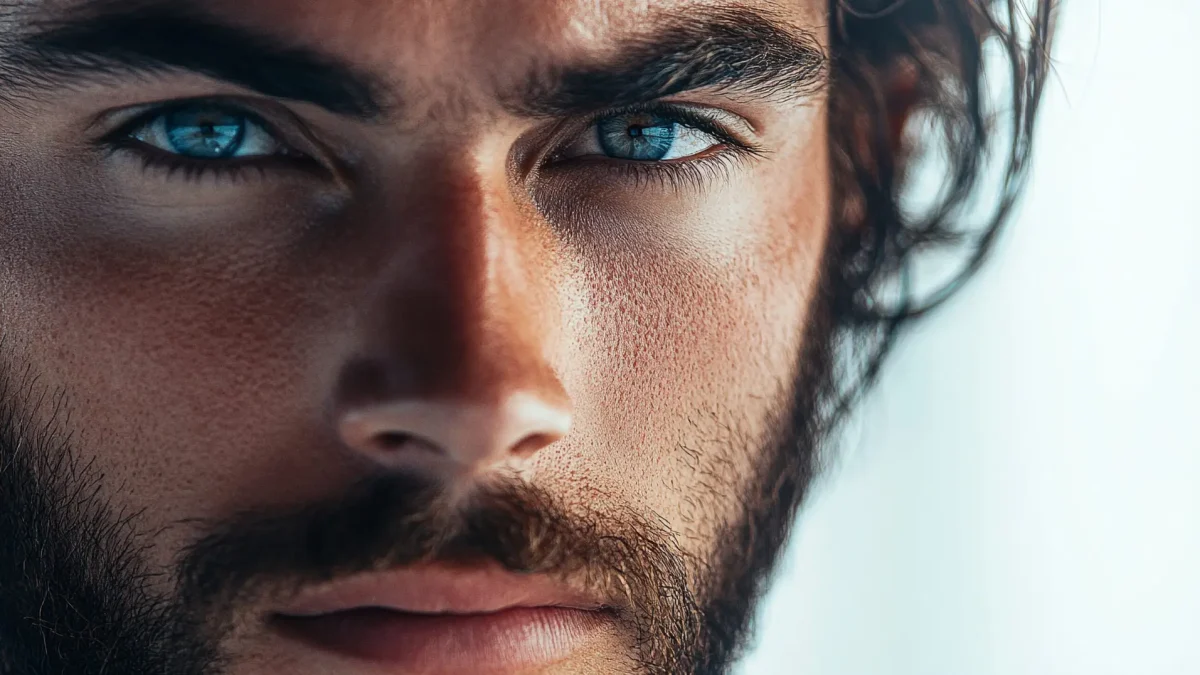 Intense gaze of a man with striking blue eyes, captured in a close-up portrait highlighting his features and intense expression.